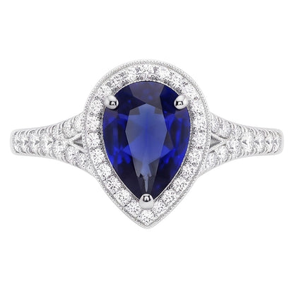 Natural Earth Mined Diamond Halo Ring Pear Cut Blue Sapphire Antique Style 3.50 Carats
