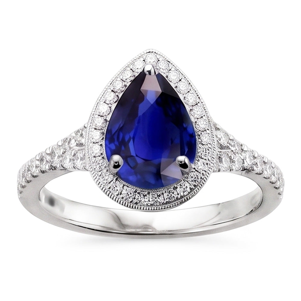 Natural Earth Mined Diamond Halo Ring Pear Cut Blue Sapphire Antique Style 3.50 Carats