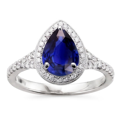 Natural Earth Mined Diamond Halo Ring Pear Cut Blue Sapphire Antique Style 3.50 Carats