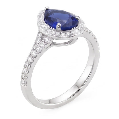 Natural Earth Mined Diamond Halo Ring Pear Cut Blue Sapphire Antique Style 3.50 Carats