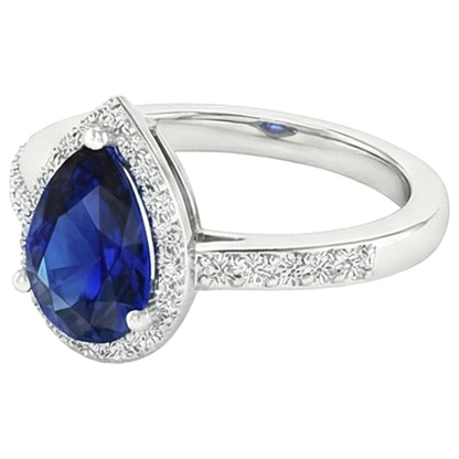 Natural Earth Mined Diamond Halo Ring Pear Cut Sri Lankan Sapphire 3.75 Carats