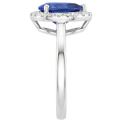 Natural Earth Mined Diamond Halo Ring Teardrop Style Pear Sri Lankan Sapphire 4 Carats