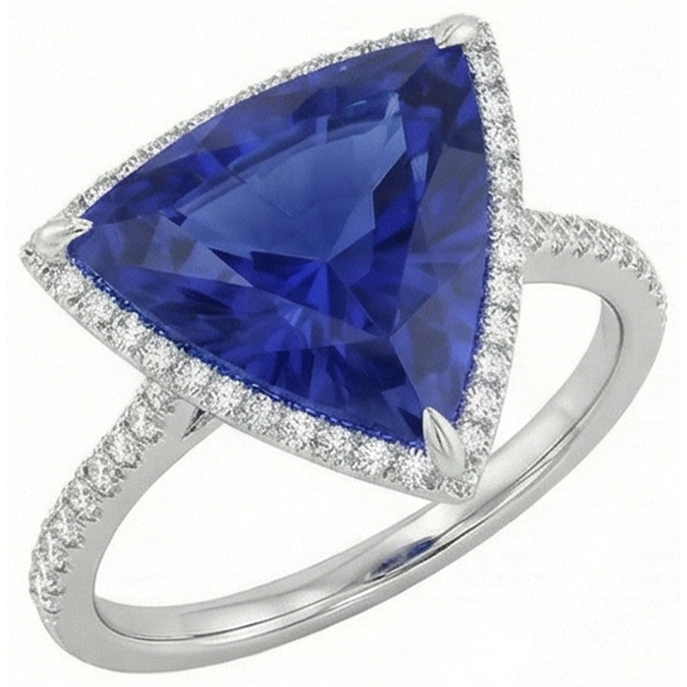 Natural Earth Mined Diamond Halo Ring Trillion Shaped Deep Blue Sapphire 4 Carats