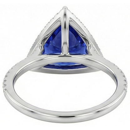 Natural Earth Mined Diamond Halo Ring Trillion Shaped Deep Blue Sapphire 4 Carats