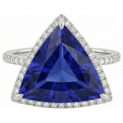 Natural Earth Mined Diamond Halo Ring Trillion Shaped Deep Blue Sapphire 4 Carats