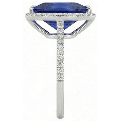 Natural Earth Mined Diamond Halo Ring Trillion Shaped Deep Blue Sapphire 4 Carats