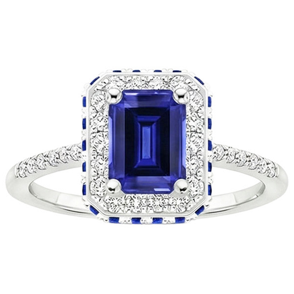 Natural Earth Mined Diamond Halo Ring With Blue Sapphires on Side Emerald 4.25 Carats