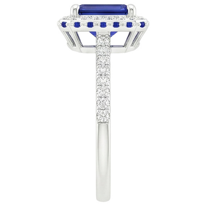 Natural Earth Mined Diamond Halo Ring With Blue Sapphires on Side Emerald 4.25 Carats