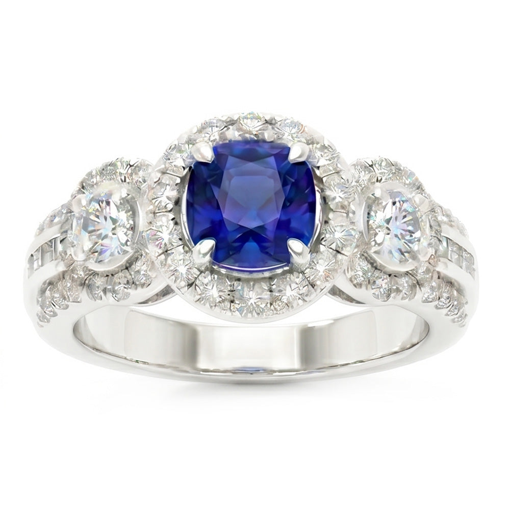 Natural Earth Mined Diamond Halo Round Blue Sapphire Ring 2.50 Carats Ladies Jewelry