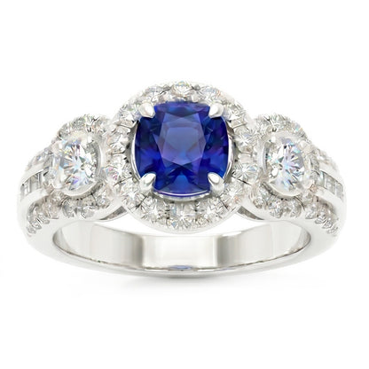 Natural Earth Mined Diamond Halo Round Blue Sapphire Ring 2.50 Carats Ladies Jewelry