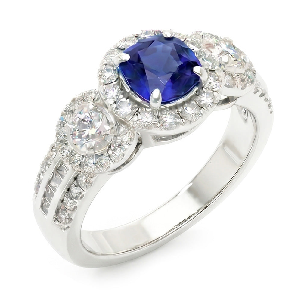 Natural Earth Mined Diamond Halo Round Blue Sapphire Ring 2.50 Carats Ladies Jewelry