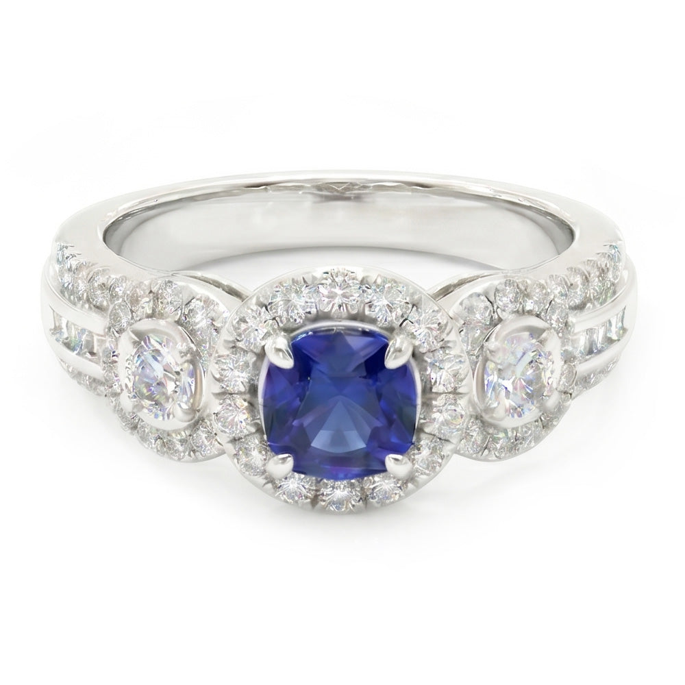 Natural Earth Mined Diamond Halo Round Blue Sapphire Ring 2.50 Carats Ladies Jewelry