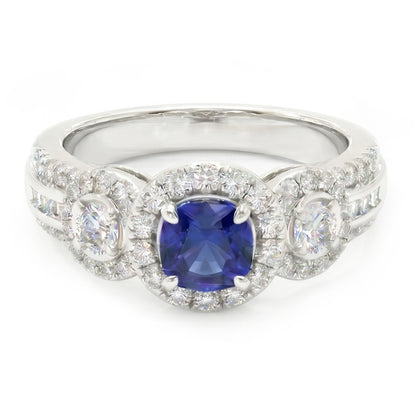 Natural Earth Mined Diamond Halo Round Blue Sapphire Ring 2.50 Carats Ladies Jewelry