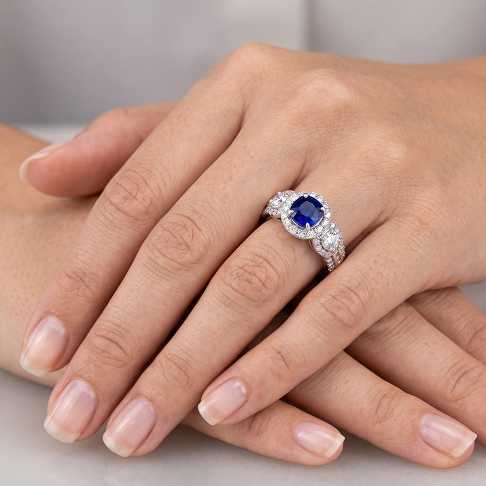 Natural Earth Mined Diamond Halo Round Blue Sapphire Ring 2.50 Carats Ladies Jewelry