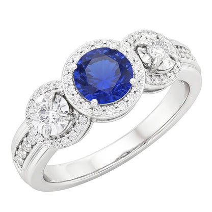 Natural Earth Mined Diamond Halo Round Blue Sapphire Ring 5 Carats Ladies Jewelry