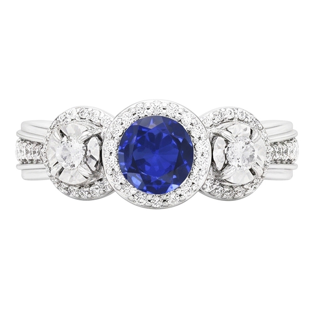 Natural Earth Mined Diamond Halo Round Blue Sapphire Ring 5 Carats Ladies Jewelry