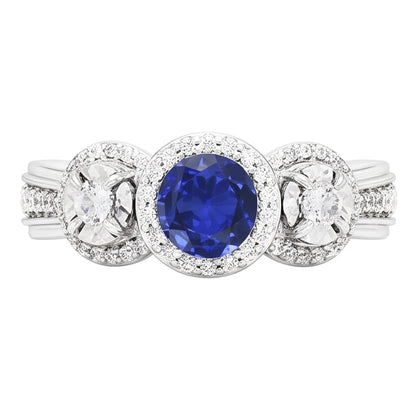 Natural Earth Mined Diamond Halo Round Blue Sapphire Ring 5 Carats Ladies Jewelry