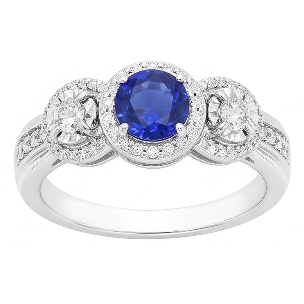 Natural Earth Mined Diamond Halo Round Blue Sapphire Ring 5 Carats Ladies Jewelry