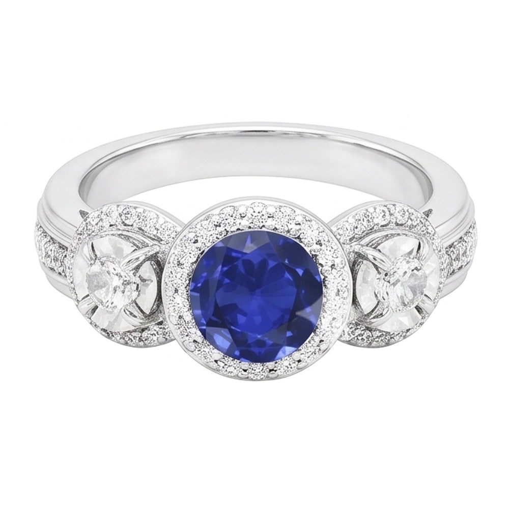 Natural Earth Mined Diamond Halo Round Blue Sapphire Ring 5 Carats Ladies Jewelry