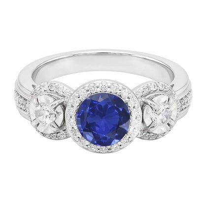 Natural Earth Mined Diamond Halo Round Blue Sapphire Ring 5 Carats Ladies Jewelry