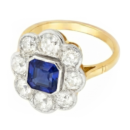 Natural Earth Mined Diamond Halo Sapphire Ring Bezel Set Asscher Cut Flower Style 4 Carats