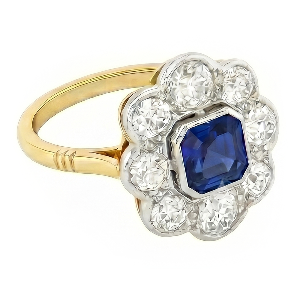 Natural Earth Mined Diamond Halo Sapphire Ring Bezel Set Asscher Cut Flower Style 4 Carats