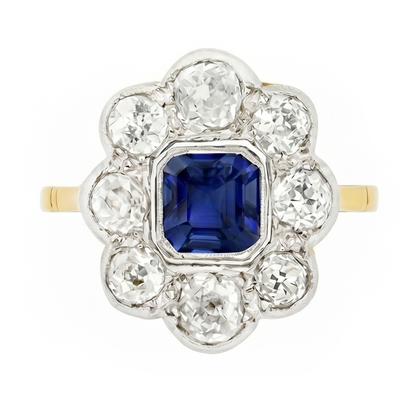 Natural Earth Mined Diamond Halo Sapphire Ring Bezel Set Asscher Cut Flower Style 4 Carats