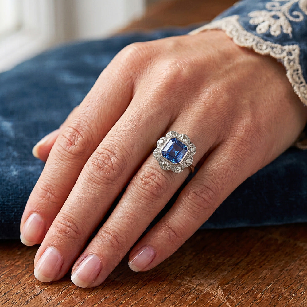 Natural Earth Mined Diamond Halo Sapphire Ring Bezel Set Asscher Cut Flower Style 4 Carats