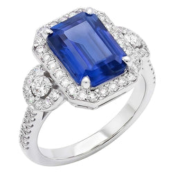 Natural Earth Mined Diamond Halo Srilanka Sapphire Emerald Ring 3 Stone Style 4.50 Carats