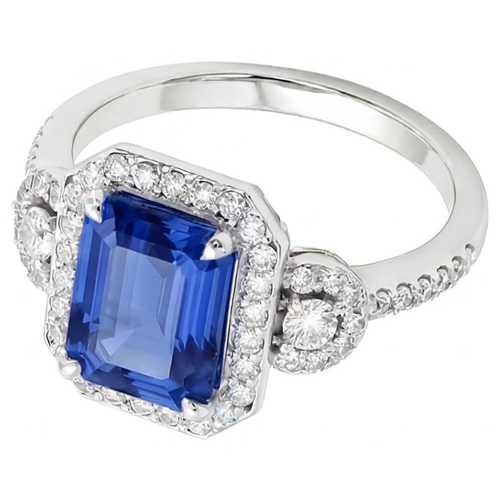 Natural Earth Mined Diamond Halo Srilanka Sapphire Emerald Ring 3 Stone Style 4.50 Carats