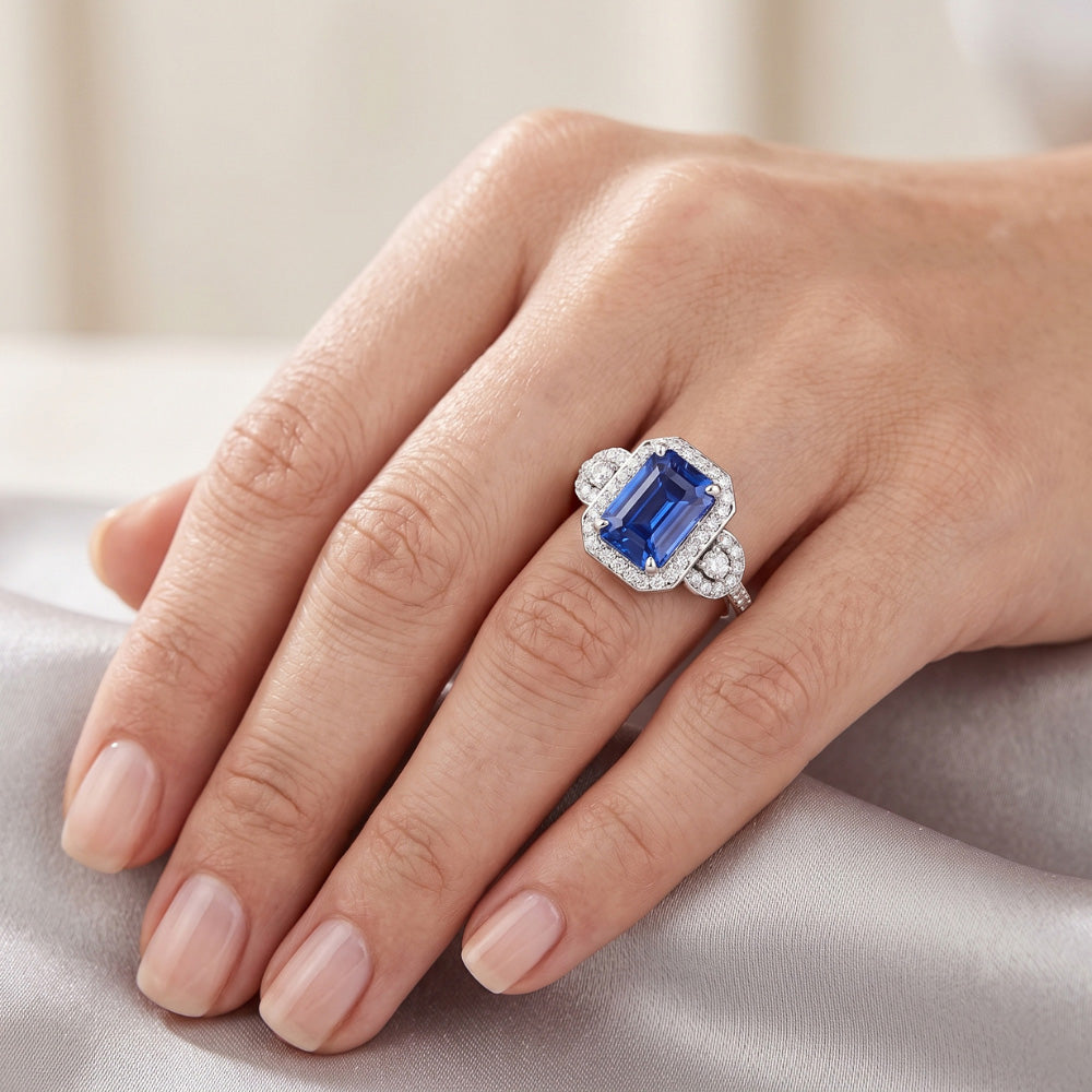 Natural Earth Mined Diamond Halo Srilanka Sapphire Emerald Ring 3 Stone Style 4.50 Carats