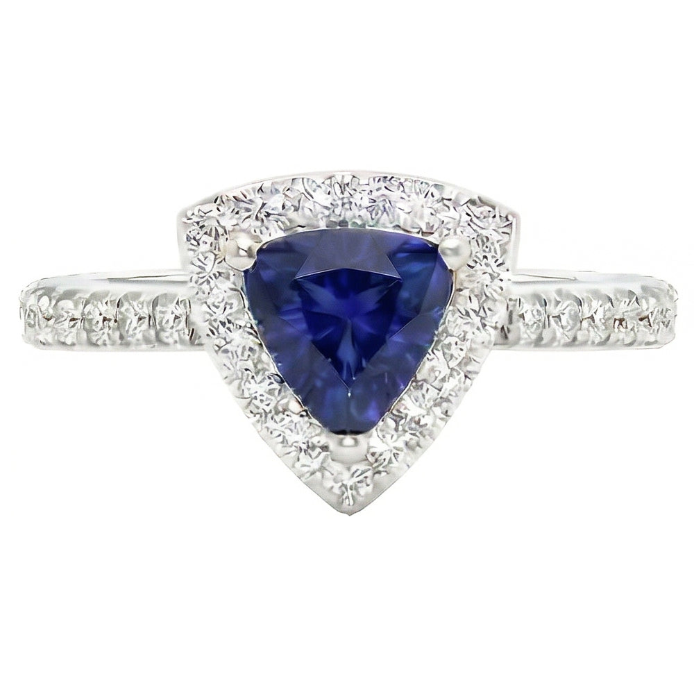 Natural Earth Mined Diamond Halo Trillion Ceylon Sapphire Ring 2 Carats Women’s Jewelry