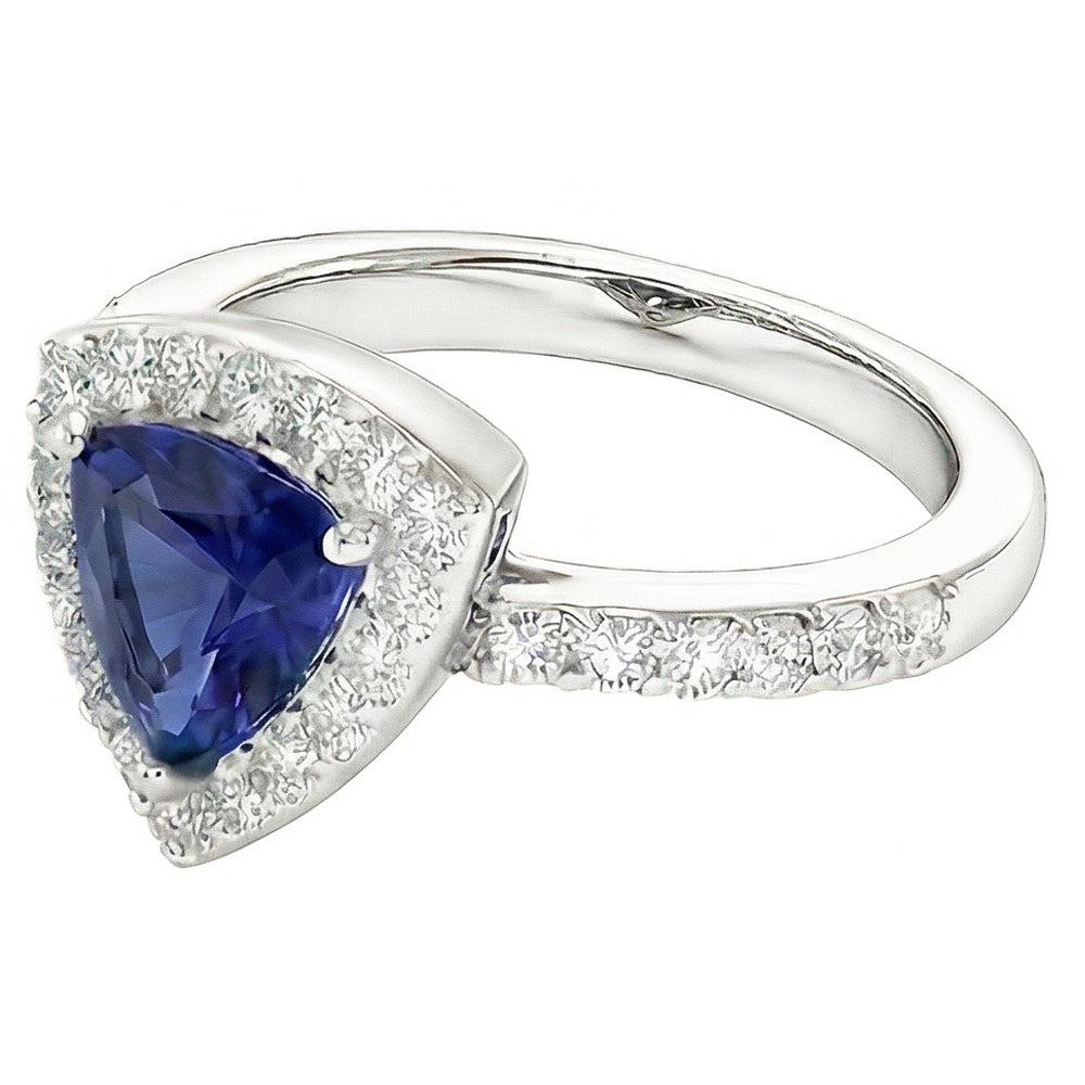 Natural Earth Mined Diamond Halo Trillion Ceylon Sapphire Ring 2 Carats Women’s Jewelry
