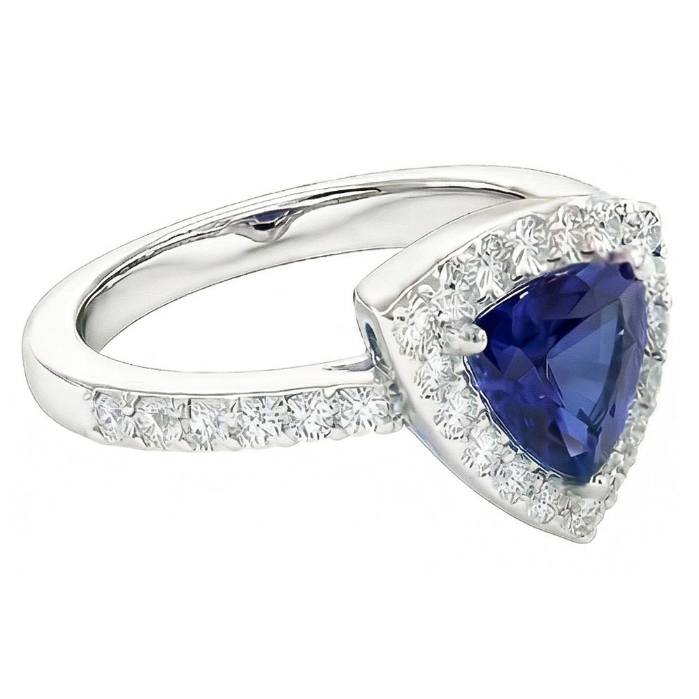 Natural Earth Mined Diamond Halo Trillion Ceylon Sapphire Ring 2 Carats Women’s Jewelry