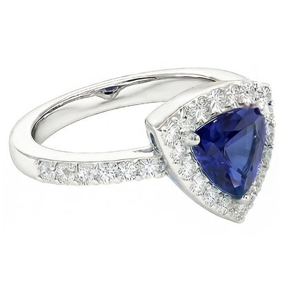 Natural Earth Mined Diamond Halo Trillion Ceylon Sapphire Ring 2 Carats Women’s Jewelry