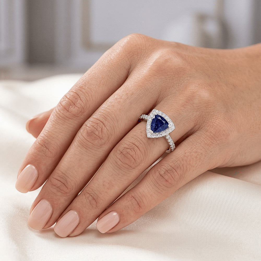 Natural Earth Mined Diamond Halo Trillion Ceylon Sapphire Ring 2 Carats Women’s Jewelry