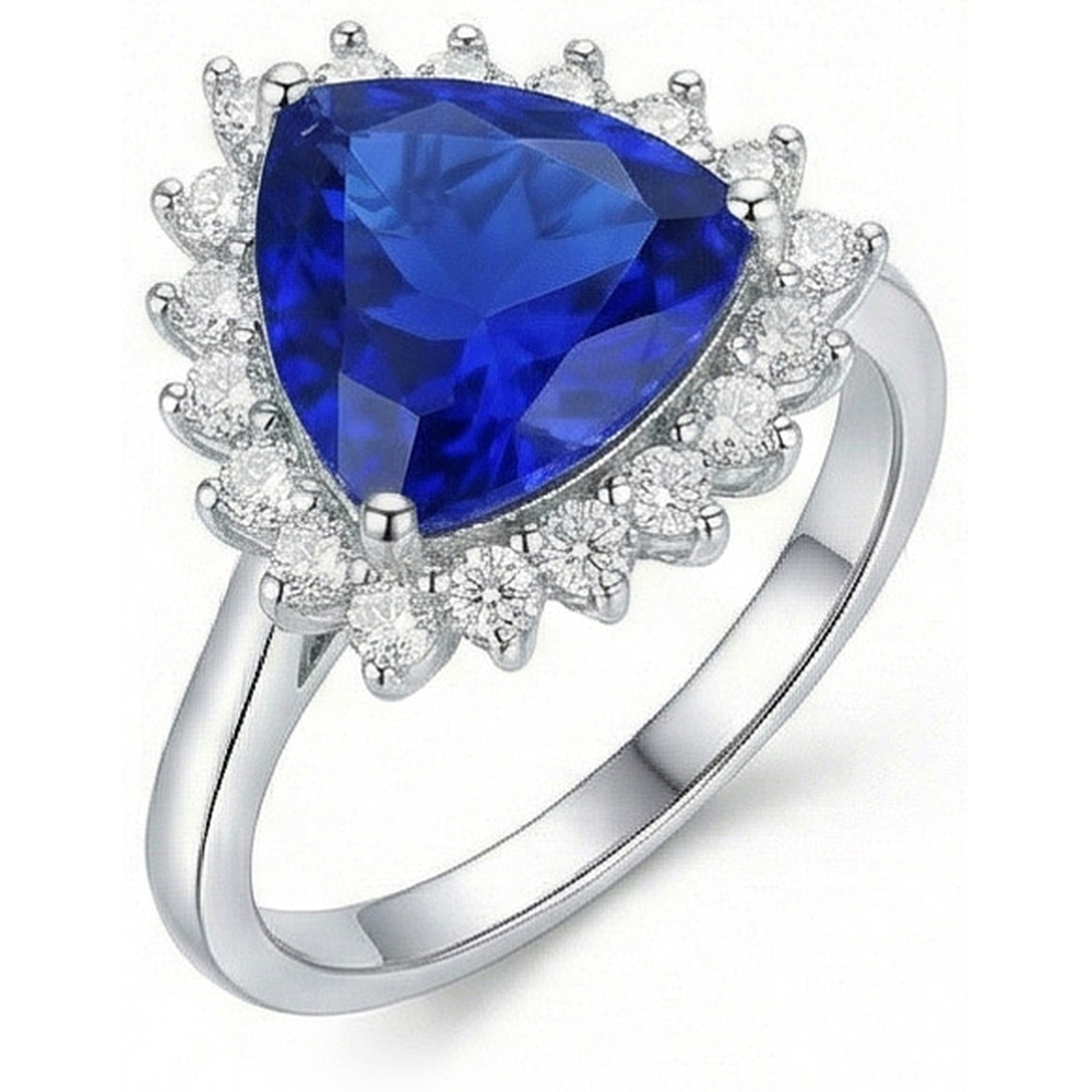 Natural Earth Mined Diamond Halo Trillion Gemstone Ring 3.50 Carats Ceylon Blue Sapphire