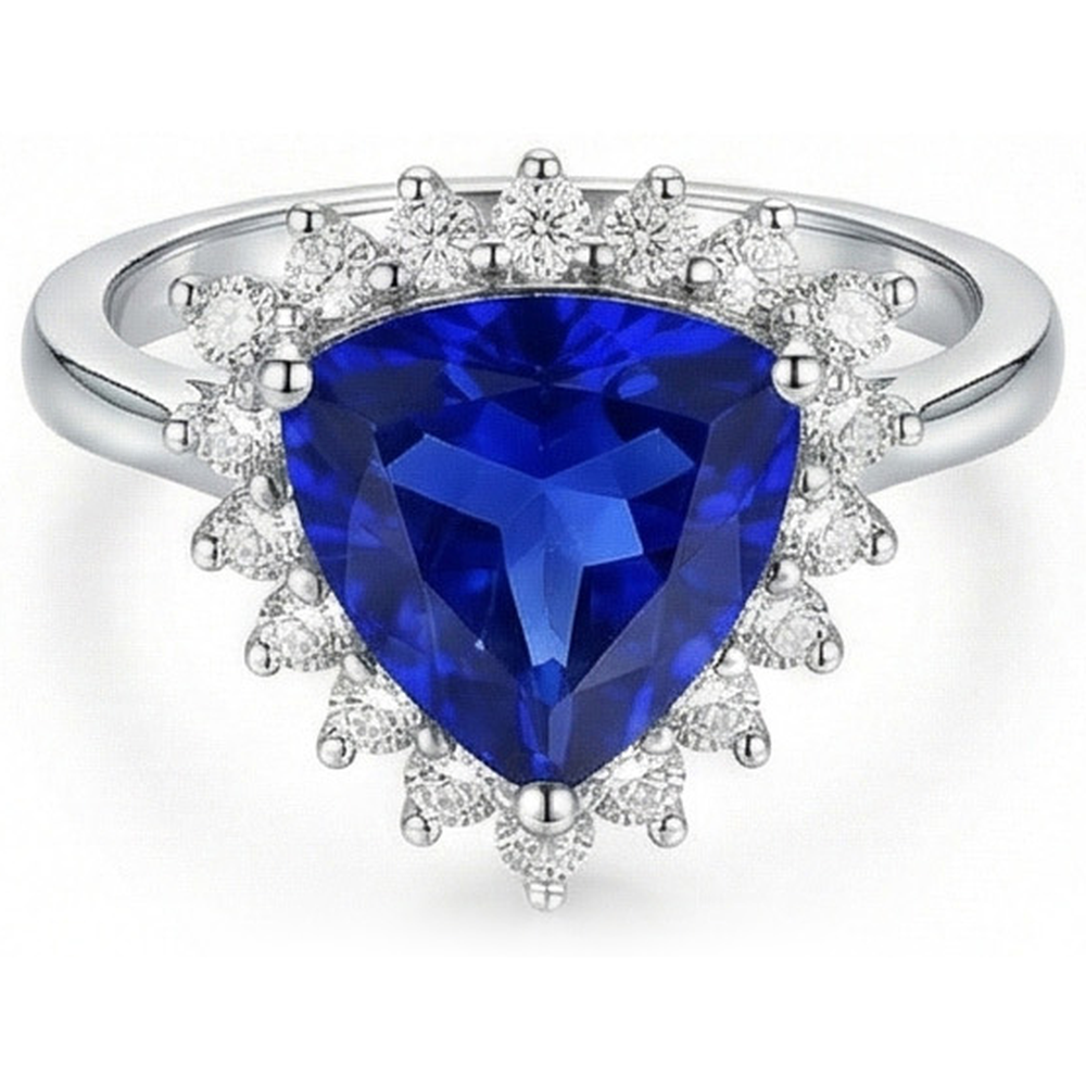 Natural Earth Mined Diamond Halo Trillion Gemstone Ring 3.50 Carats Ceylon Blue Sapphire