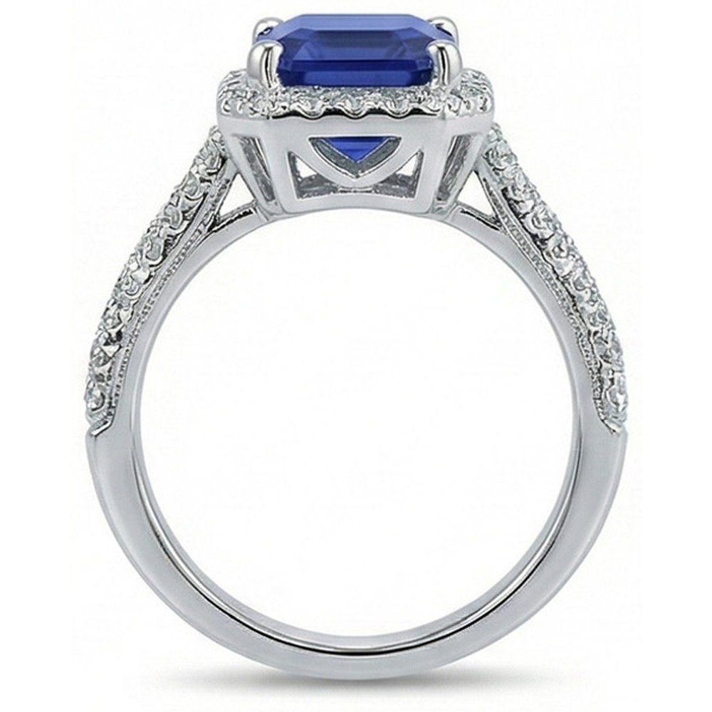 Natural Earth Mined Diamond Halo Wedding Ring Emerald Sri Lankan Sapphire 4 Carats