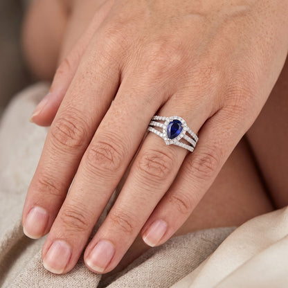 Natural Earth Mined Diamond Halo Wedding Ring Pear Blue Sapphire 2.50 Carats
