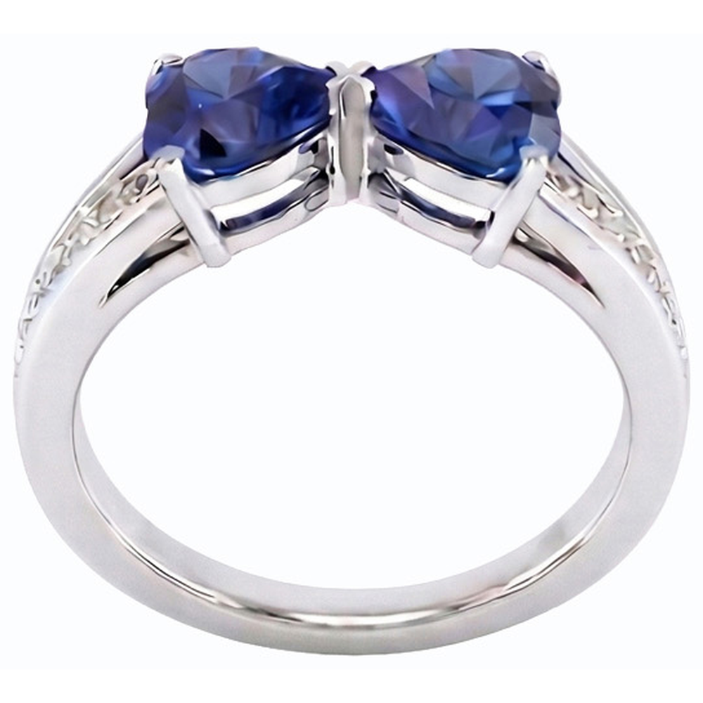 Natural Earth Mined Diamond Heart 2 Stone Blue Sapphire Ring 3.50 Carats Gold 14K Jewelry