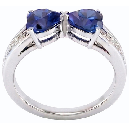 Natural Earth Mined Diamond Heart 2 Stone Blue Sapphire Ring 3.50 Carats Gold 14K Jewelry