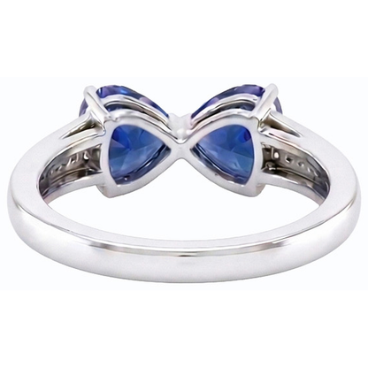 Natural Earth Mined Diamond Heart 2 Stone Blue Sapphire Ring 3.50 Carats Gold 14K Jewelry