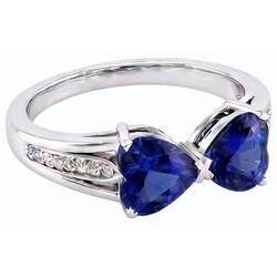 Natural Earth Mined Diamond Heart 2 Stone Blue Sapphire Ring 3.50 Carats Gold 14K Jewelry