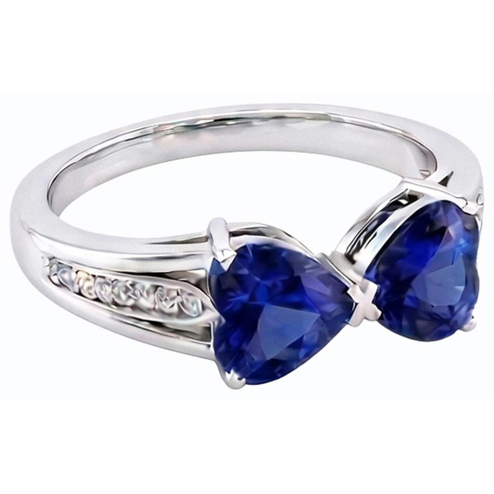 Natural Earth Mined Diamond Heart 2 Stone Blue Sapphire Ring 3.50 Carats Gold 14K Jewelry