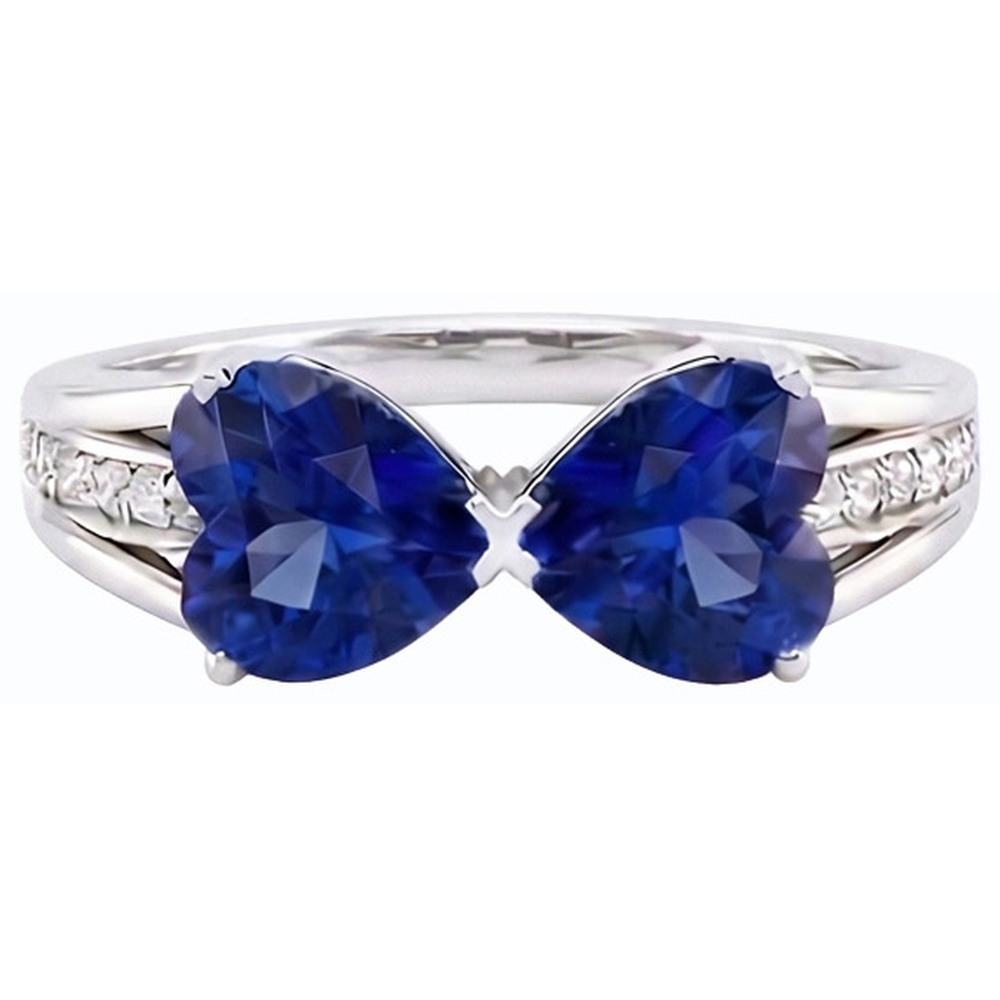 Natural Earth Mined Diamond Heart 2 Stone Blue Sapphire Ring 3.50 Carats Gold 14K Jewelry