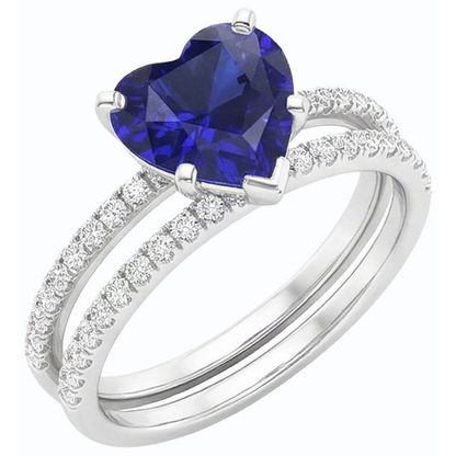 Natural Earth Mined Diamond Heart Blue Sapphire Wedding Ring Set 3.50 Carats Jewelry