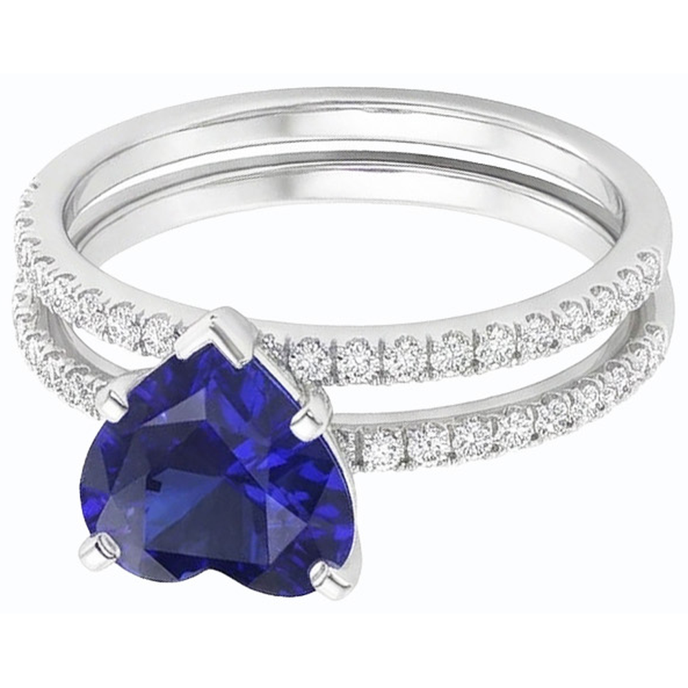 Natural Earth Mined Diamond Heart Blue Sapphire Wedding Ring Set 3.50 Carats Jewelry