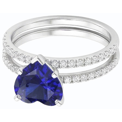 Natural Earth Mined Diamond Heart Blue Sapphire Wedding Ring Set 3.50 Carats Jewelry