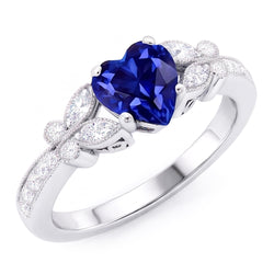 Natural Earth Mined Diamond Heart Shaped Blue Sapphire Ring 2.50 Carats Butterfly Style